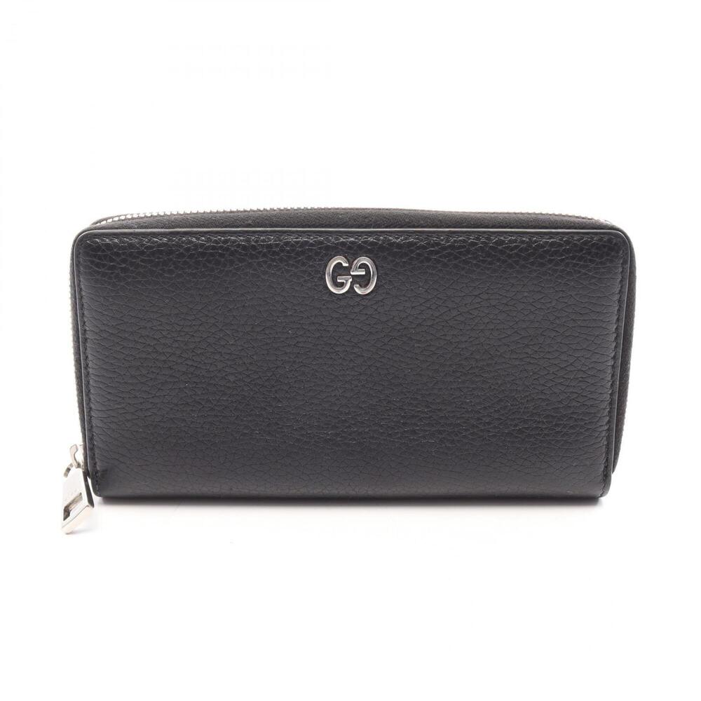 Gucci GG Metal Round Long Wallet, Leather, Men's/Women's, Black, 473928